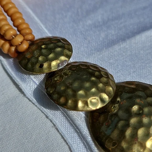 Vintage Celluloid Beaded Multi-strand into Brass Circles necklace #135 - Picture 6 of 9